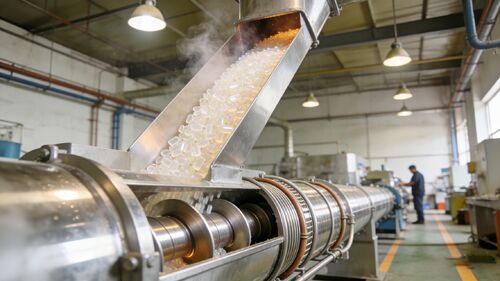 Geïntegreerde oplossing voor het koelen en vervoeren van hoogtemperatuurpellets van kunststof